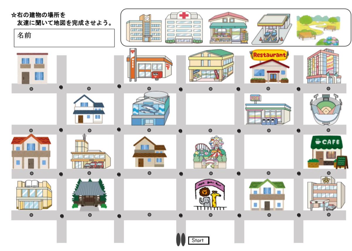 Nin Giga 時々 小学校英語 ５年生 道案内 Information Gap Task お互いに場所がわからない施設名がある地図をランダムに配布し 英語で道案内をし合う中で 地図を完成させる活動です T Co l8w81kla Twitter