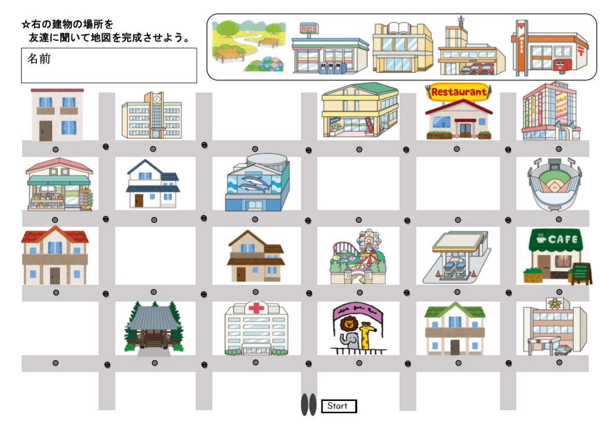 Nin Giga 時々 小学校英語 ５年生 道案内 Information Gap Task お互いに場所がわからない施設名がある地図をランダムに配布し 英語で道案内をし合う中で 地図を完成させる活動です T Co l8w81kla Twitter