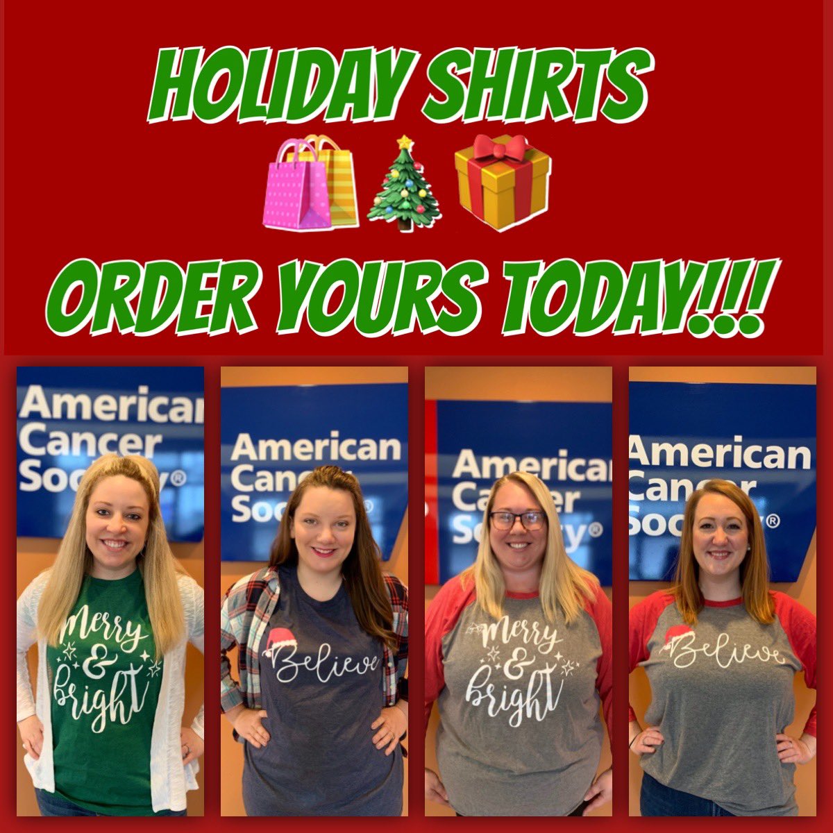 Get into the holiday spirit and have a shirt to match!  Place your order before 12/2.  All proceeds will go to our life-saving mission. 

Order Now: design.tshirtchampions.com/acs_memphis.