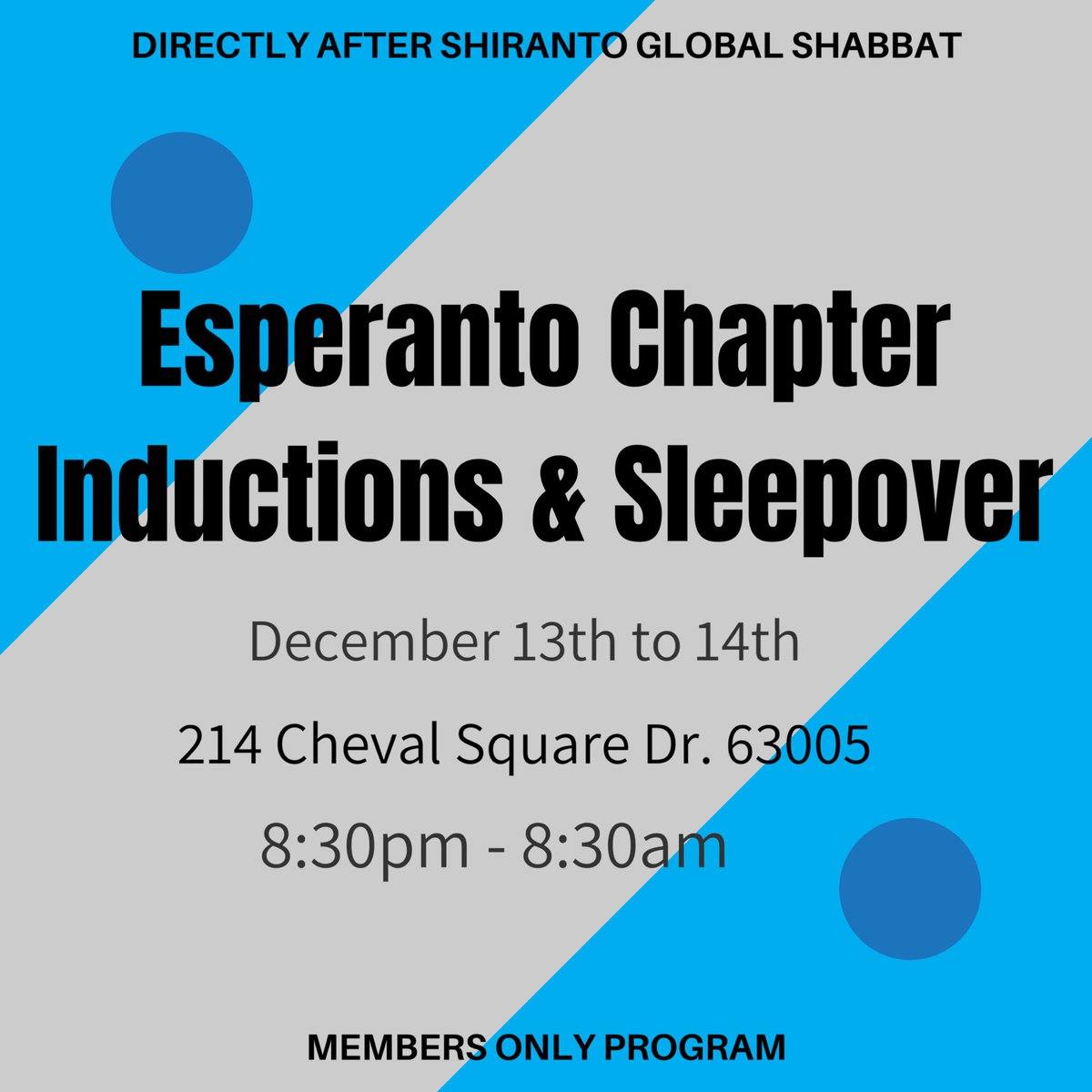 Along with our Shiranto Global Shabbat, we will be having chapter inductions immediately after the program. This a members only program, so non-members can not attend.