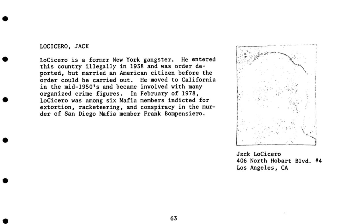 JACK LOCICEROFormer New York gangster.Entered country illegally in 1938.Married 2 avoid deportation.Moved 2 CA mid-50's.Feb 1978 BUSTED - FBI - PORNEX Case !!!*Frank Bompensiero hit.