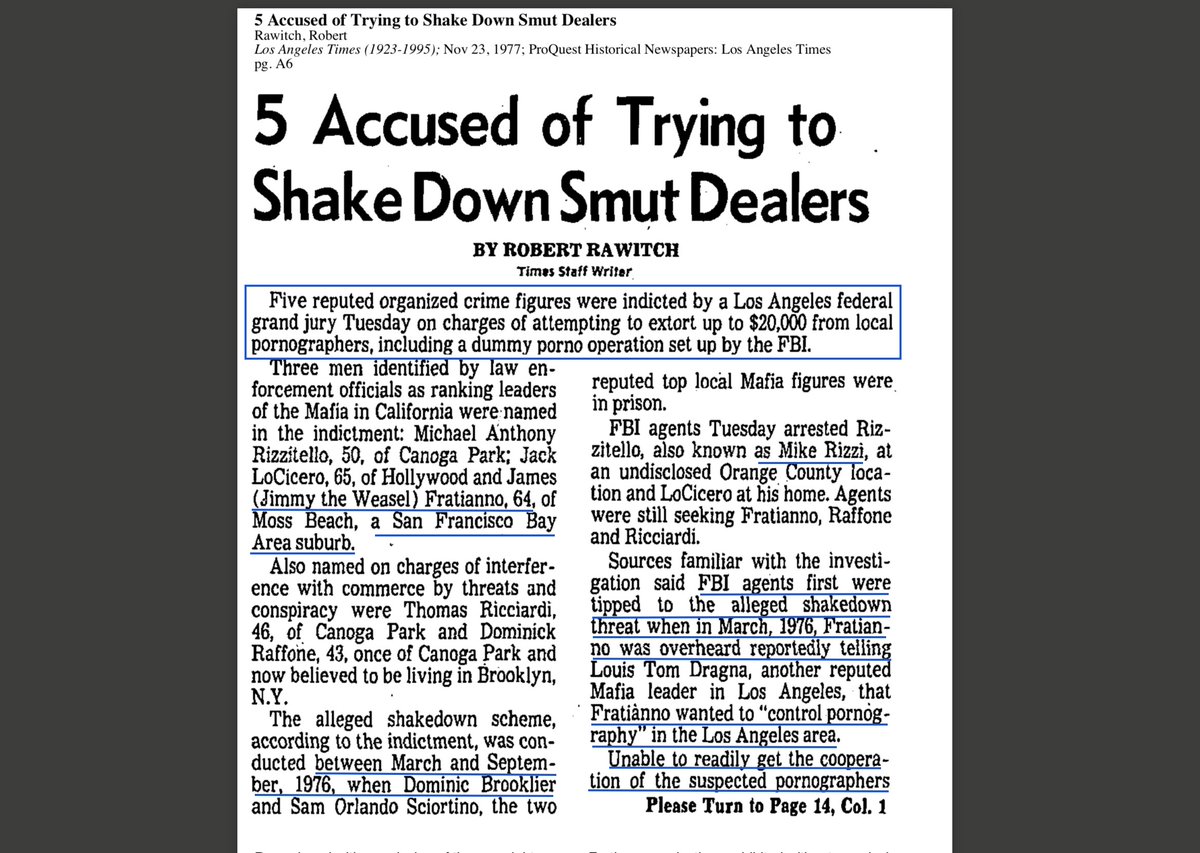 5 Accused of Trying 2Shake Down Smut Dealers11-23-1977"5 reputed org crime figuresindicted by LA fed grand juryon charges of attempting 2extort up 2 $20Kfrom local pornographers,incldummy porno operation set up by FBI."LoCiceroJimmy the Weasel1/2