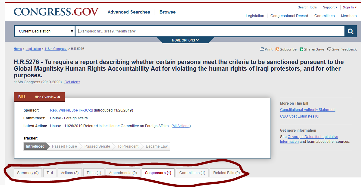 6/ Pay attention to the bottom tabs on  http://Congress.gov , these tabs will allow you to see the summary, read the text, see who else is co-sponsoring, and what actions have been taken. When you get email alerts for legislation it is sometimes too new to have a summary.