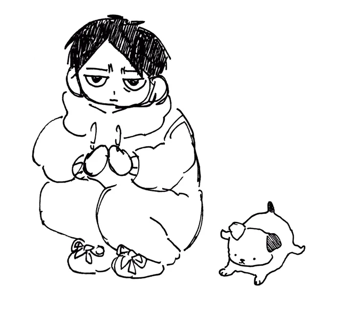 [kunimi squatting with a dog puppy next to him] I'm love u 