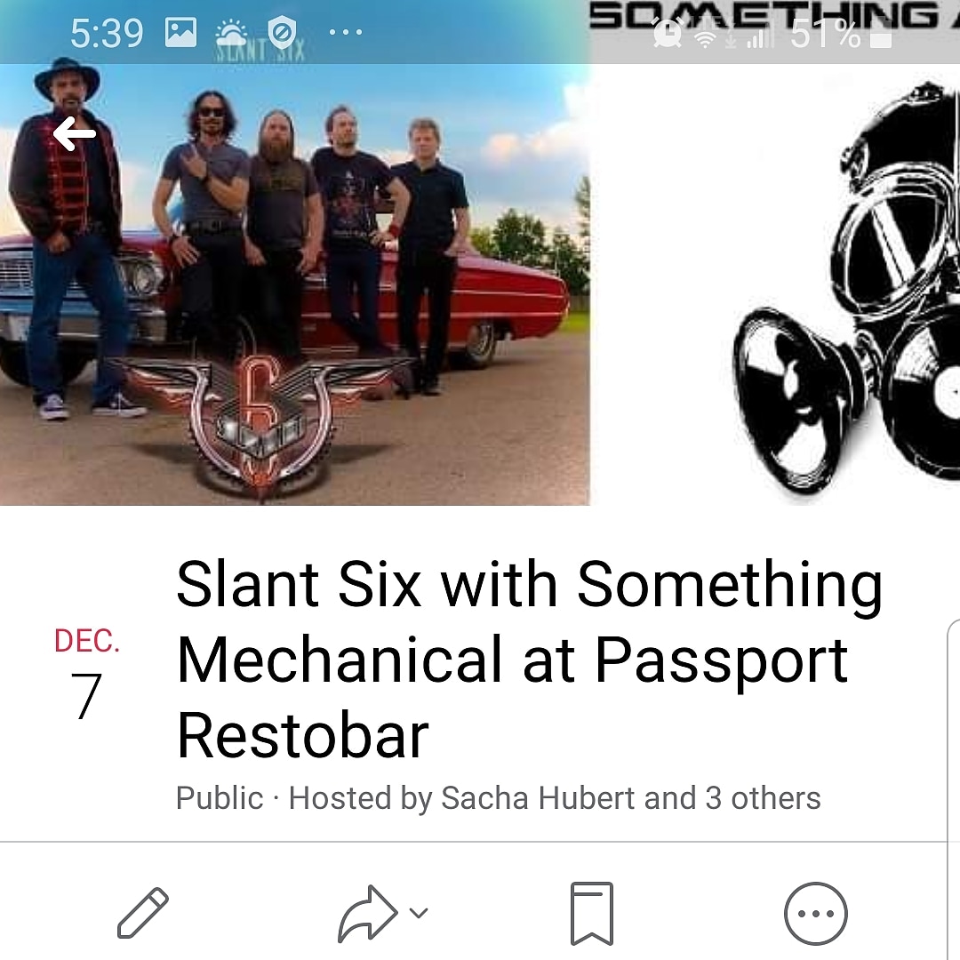 SlantSixband's tweet photo. we rock the stage with our friends of Something mechanical on dec 7th at Passport Restobar. come party with us on our last show of 2019. #RockAndRoll #slantsixband #somethingmechanical #partytime #Edmonton #passportrestobar https://t.co/bpRDiaiyqx