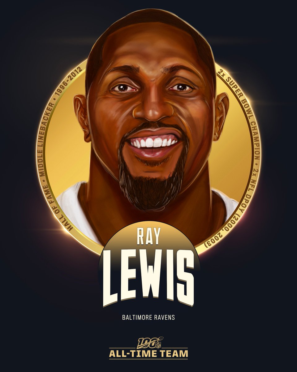 NFL's tweet image. .@RayLewis is one of the 12 LBs selected to the #NFL100 All-Time Team!

🏈 13x Pro Bowler
🏈 2x Super Bowl Champion (SB MVP XXXV)
🏈 7x First-Team All-Pro
🏈 2x Defensive Player of the Year (2000, 2003)