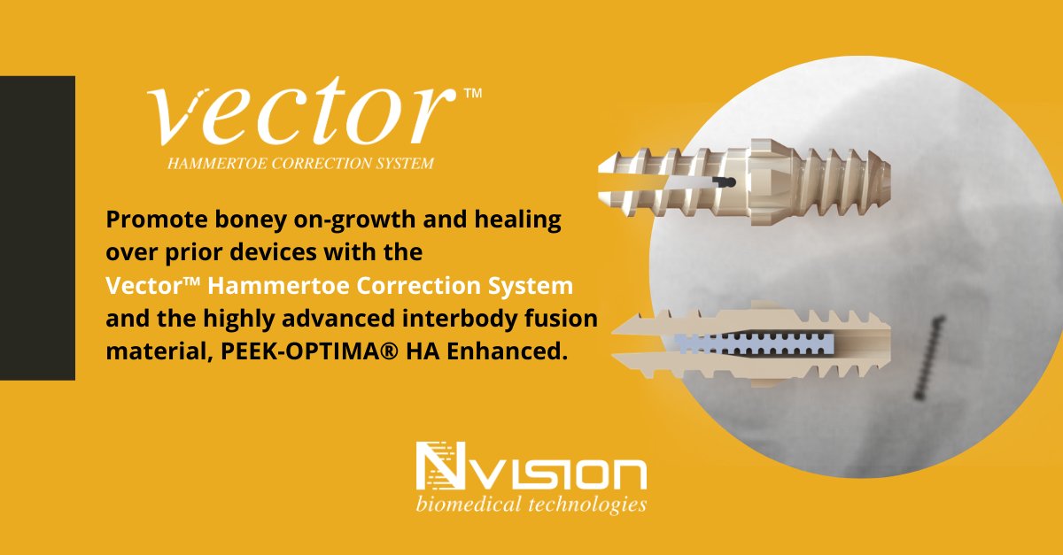 Promote boney on-growth and healing over prior devices with The Vector™ Hammertoe Correction System and the highly advanced interbody fusion material, PEEK-OPTIMA® HA Enhanced. Find out more at bit.ly/2LNjcBo. #PEEK #fusion #Vector #Vectorhammertoe #Hammertoe
