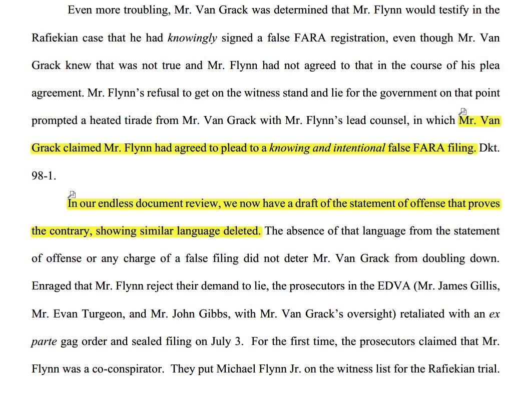The false charges claimed by Van Grack - that "Flynn had agreed to plead to a knowing and intentional false FARA filing" - was actually deleted from a draft of the Flynn Agreement.