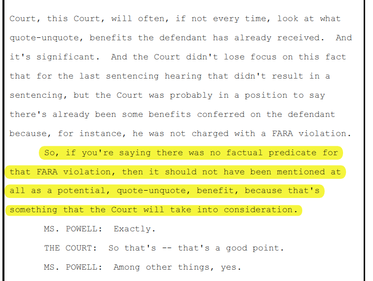 Judge Sullivan may have concerns about Van Grack's Section 951 interpretation and VG's claim Flynn could have been prosecuted.If “there was no factual predicate for that FARA violation, then it should not have been mentioned at all as a potential ‘benefit’”