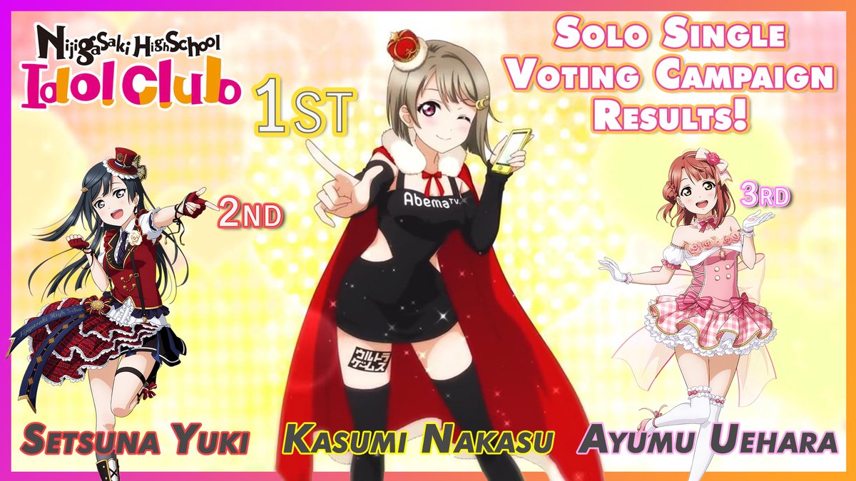 Nijigasaki Perfect Fans Paradise The Results For The Lovelive Nijigasaki High School Idol Club Solo Single Voting Campaign Has Been Announced 1st Kasumi Nakasu 2nd Setsuna Yuki 3rd Ayumu Uehara