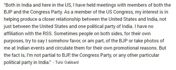 The reason this is bigoted & Hinduphobia is,  @TulsiGabbard has nothing to do with Indian politics. They attack her due to her Hindu faith. She's a sitting US Congresswoman and Co-Chair of the Congressional Caucus on India and Indian Americans. It is her job to interact with India