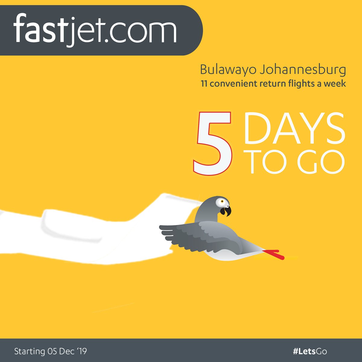 fastjet's tweet photo. 5 days to go - Did you know that 1 hour 20 minutes is all it takes to fly between Bulawayo and Johannesburg? From 05 Dec direct flights, 11 times a week. Book early & Let's Go
#Fastjet #FastjetPlaces #FastjetFact #FastjetPlaces #ForEveryone #LetsGo #Bulawayo #Johannesburg https://t.co/2yFX6Rz44R