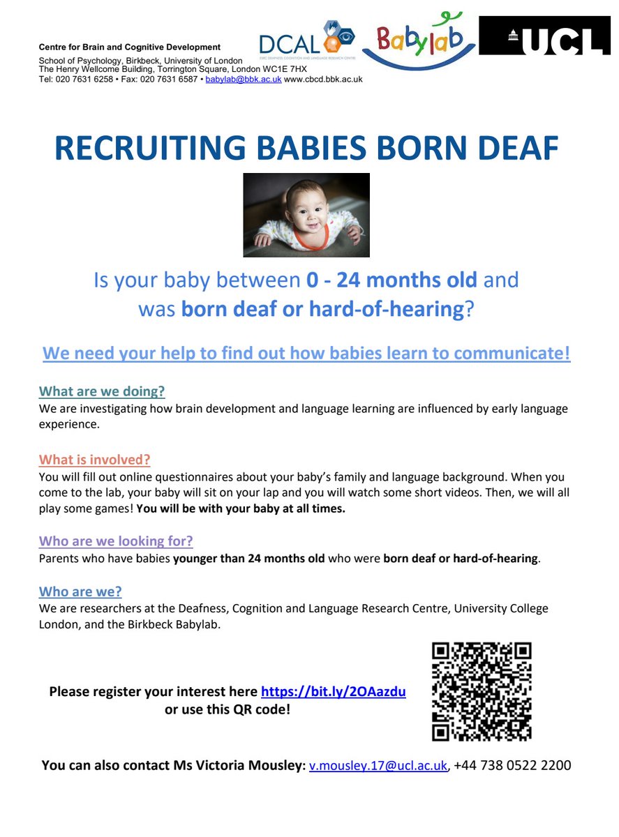 Calling #UK #deaf &amp; #infant twitter: I'm recruiting families of babies (<24mo) born deaf! Spend a fun day at the <a href="/BirkbeckBabylab/">Birkbeck BabyLab & ToddlerLab</a> &amp; contribute to research on #languagedevelopment 🎉👶🏼 Register your interest here: bit.ly/2OAazdu. Pls spread the word!! <a href="/DCAL_UCL/">DCAL</a> <a href="/UCL_ICN/">UCL ICN</a>