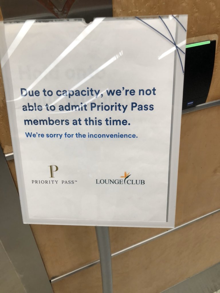 sklaravich's tweet photo. @AskAmex This photo is from July, but they have had this sign out front every time I’ve checked during the last 6 months (8 flights), but once an  employee told me to ignore it and go up anyway, so I was let in that one time — super weird and frustrating https://t.co/r8u5DFKphT