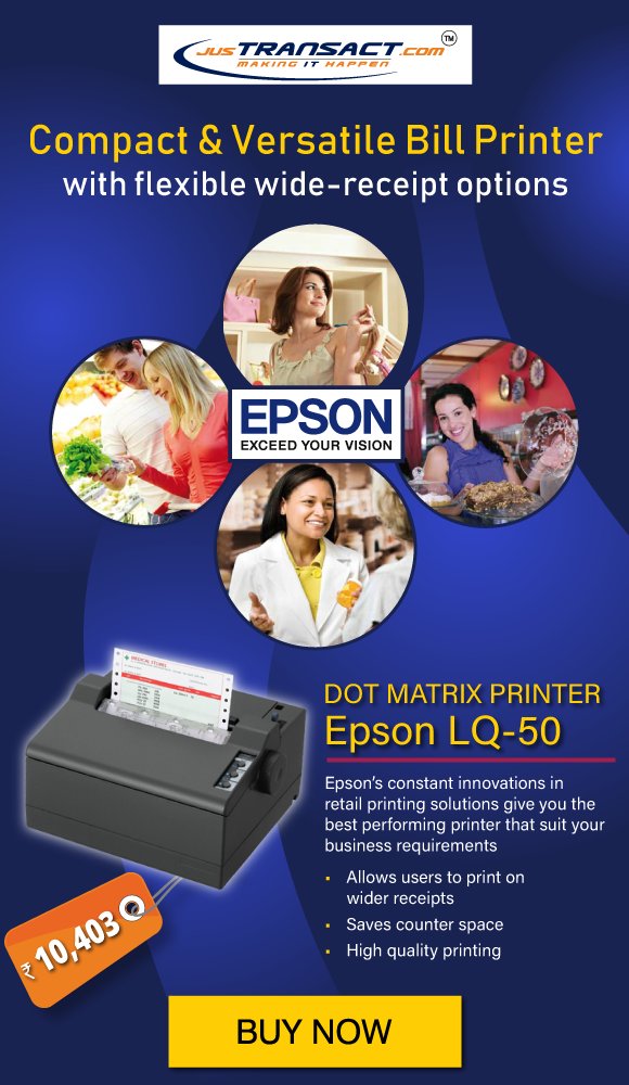 jusTransact's tweet photo. Compact &amp; Versatile Epson LQ-50 Bill Printer with flexible wide-receipt options. Buy now at https://t.co/RP5vi850vu or call us at Toll Free No: 1800 123 3010 https://t.co/ygkntg2T0e