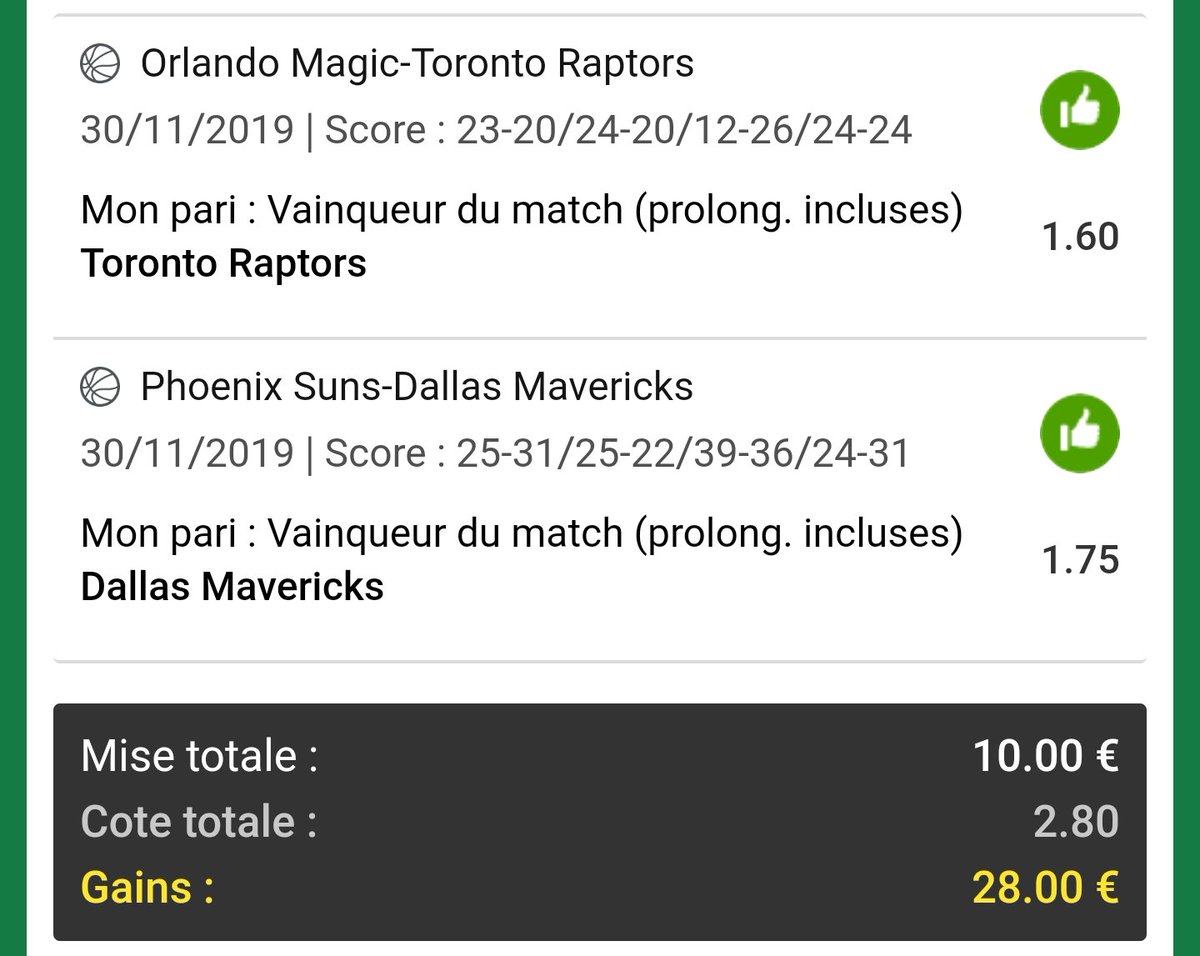 nobetnogame8's tweet image. #Montante #RoadToChristmas

◾ Étape 1⃣ ◾

🎯 Toronto Raptors x Dallas Maverick (2,80) ✅✅

⏰ 1h00 / 3h00

📌 10€ ➡ 28€ ✅

On commence parfaitement cette montante avec ces 2 victoires!! Bombardez-moi de soutien et de tickets les potes 😁! #TeamParieur #TeamDPZ