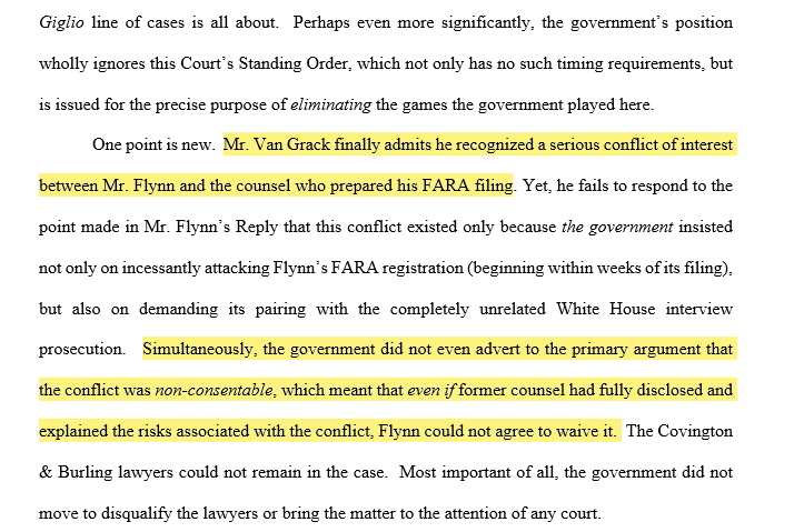 As to the FARA charges, Van Grack would have known this likely created a non-consentable conflict of interest between Flynn and his prior counsel.Conflicts disregarded; they needed the plea.