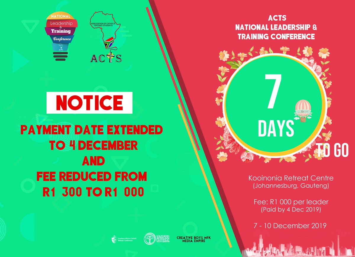 ACTSNational's tweet photo. Notice!!!
An extension of date and reduction of price.
It's a weekend special with also a day reduced, proudly brought to you by ACTS.
#ACTS #ACTSNATIONAL #ACTSNLTC #DAYSOFACTIVISM #CatholicsOnCampus #SACBC_YOUTH https://t.co/NwUHBeha99