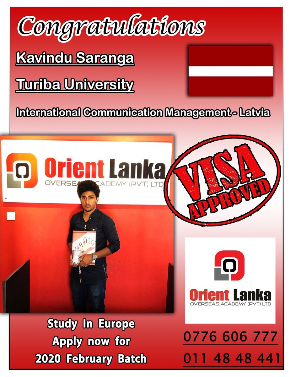 OrientLankaLK's tweet photo. Another successful story 🇱🇻🇸🇬🎓✈️
----
Visa Granted for higher education in #Latvia

Study in Europe, Singapore.
For more info call us on 
0776 606 777 | 011 48 48 441 

#orientlanka #studentvisa #srilanka #visa #highereducation #lka 
#studyinlatvia #Studyinsingapore https://t.co/sxZKQLZnLg