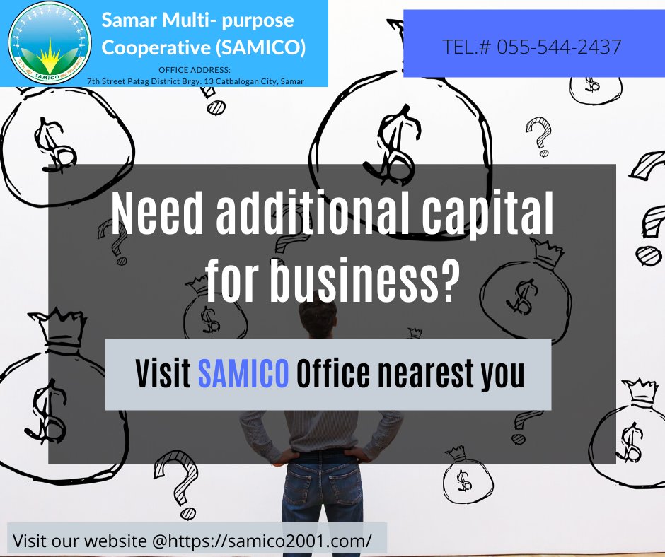 SAMICO_2001's tweet photo. Need additional capital for business?
Visit SAMICO Office nearest you

Like/Follow us on:
Facebook: @samicoheadoffice
Instagram:@samicoheadoffice

Visit our website: https://t.co/WoCREu8bTu

#SAMICO
#DICTCatbalogan
#DJT https://t.co/NaLBA59Y7I