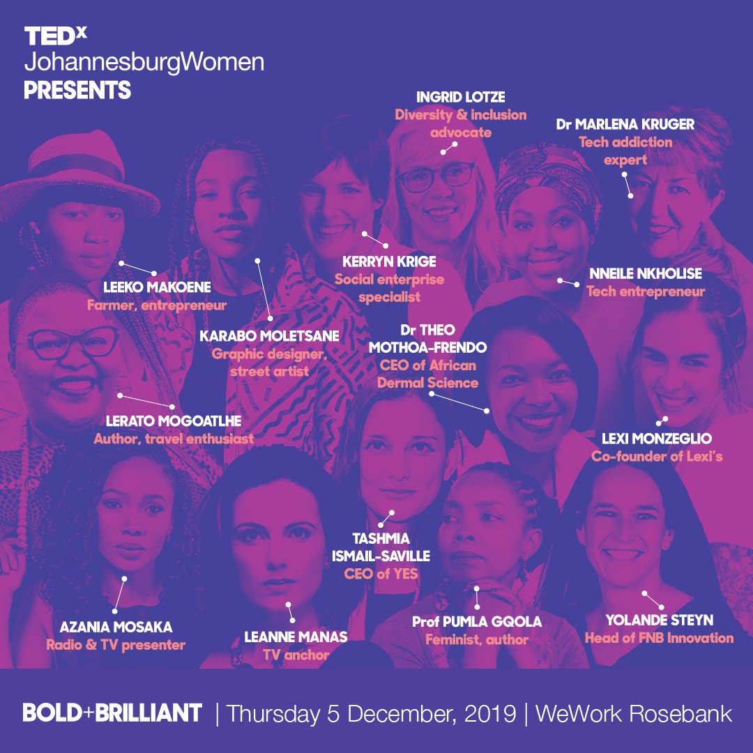 TEDxJoburg's tweet image. #TEDxJoburgWomen presents an an exciting mix of risk-takers and innovators – a celebration of pioneers making power moves, talented people just getting started, and those who tirelessly show up as allies and advocates – #BoldPlusBrilliant. Buy your ticket! bit.ly/2OyuJ7X