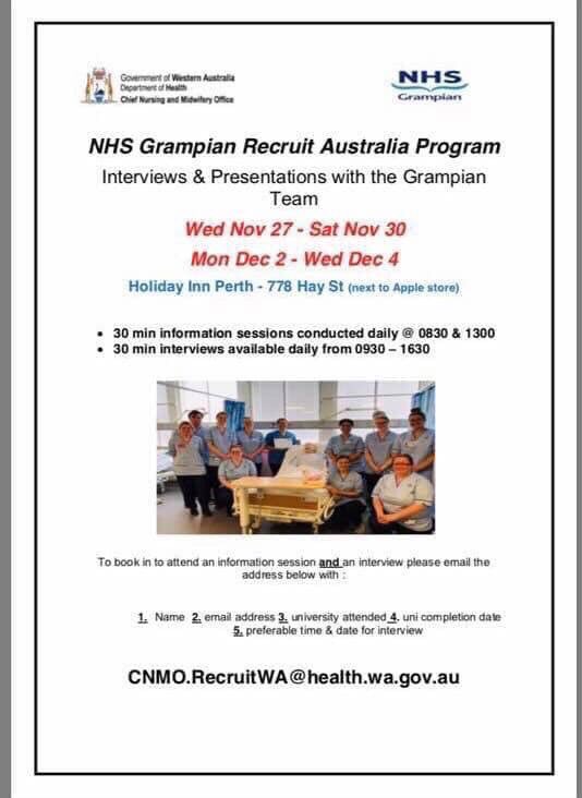 msharkey97's tweet photo. @NHSGrampian Recruit Australia team are at Holiday Inn, Perth City until the 5th December offering interviews and info sessions for New Grads and experienced RNs. For any Aussies come along and see the team or email nhsg.recruitaustralia@nhs.net to book an appointment 🏴󠁧󠁢󠁳󠁣󠁴󠁿🇦🇺 https://t.co/NWQPdB5wlz