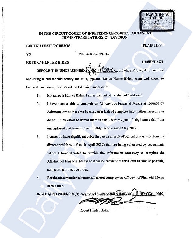 Hunter claims he can't complete Affidavit of Financial Means at this time b/c lack of complete information necessary to do so. Love is line: "In an effort to demonstrate to this Court my good faith, I attest that I am unemployed and have had no monthly income since May 2019" 