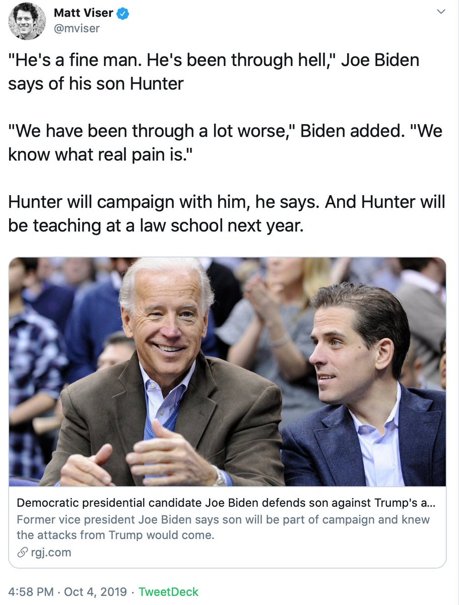 But in October, Joe Biden told a Reno paper that Hunter will campaign with him and that Hunter will be teaching at a law school next year (I guess in California?) 