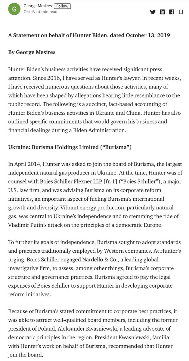 Here is a statement from Hunter's lawyer "explaining" what that Hunter did nothing wrong in Ukraine & China. (Oh, and Hunter has equity in BHR, but he ain't cashed out yet) https://medium.com/@george.mesires/a-statement-on-behalf-of-hunter-biden-dated-october-13-2019-d80bc11087ab