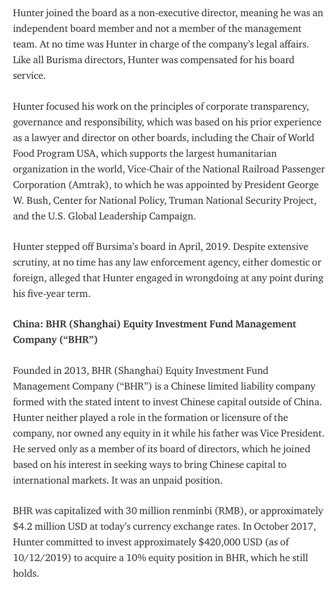 Here is a statement from Hunter's lawyer "explaining" what that Hunter did nothing wrong in Ukraine & China. (Oh, and Hunter has equity in BHR, but he ain't cashed out yet) https://medium.com/@george.mesires/a-statement-on-behalf-of-hunter-biden-dated-october-13-2019-d80bc11087ab