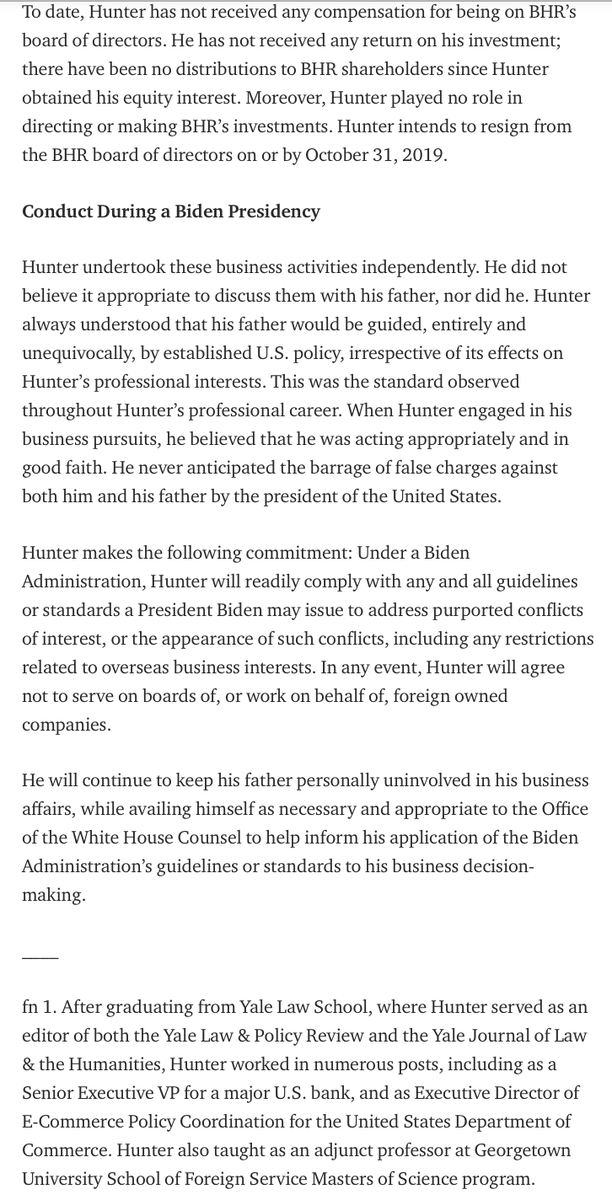 Here is a statement from Hunter's lawyer "explaining" what that Hunter did nothing wrong in Ukraine & China. (Oh, and Hunter has equity in BHR, but he ain't cashed out yet) https://medium.com/@george.mesires/a-statement-on-behalf-of-hunter-biden-dated-october-13-2019-d80bc11087ab