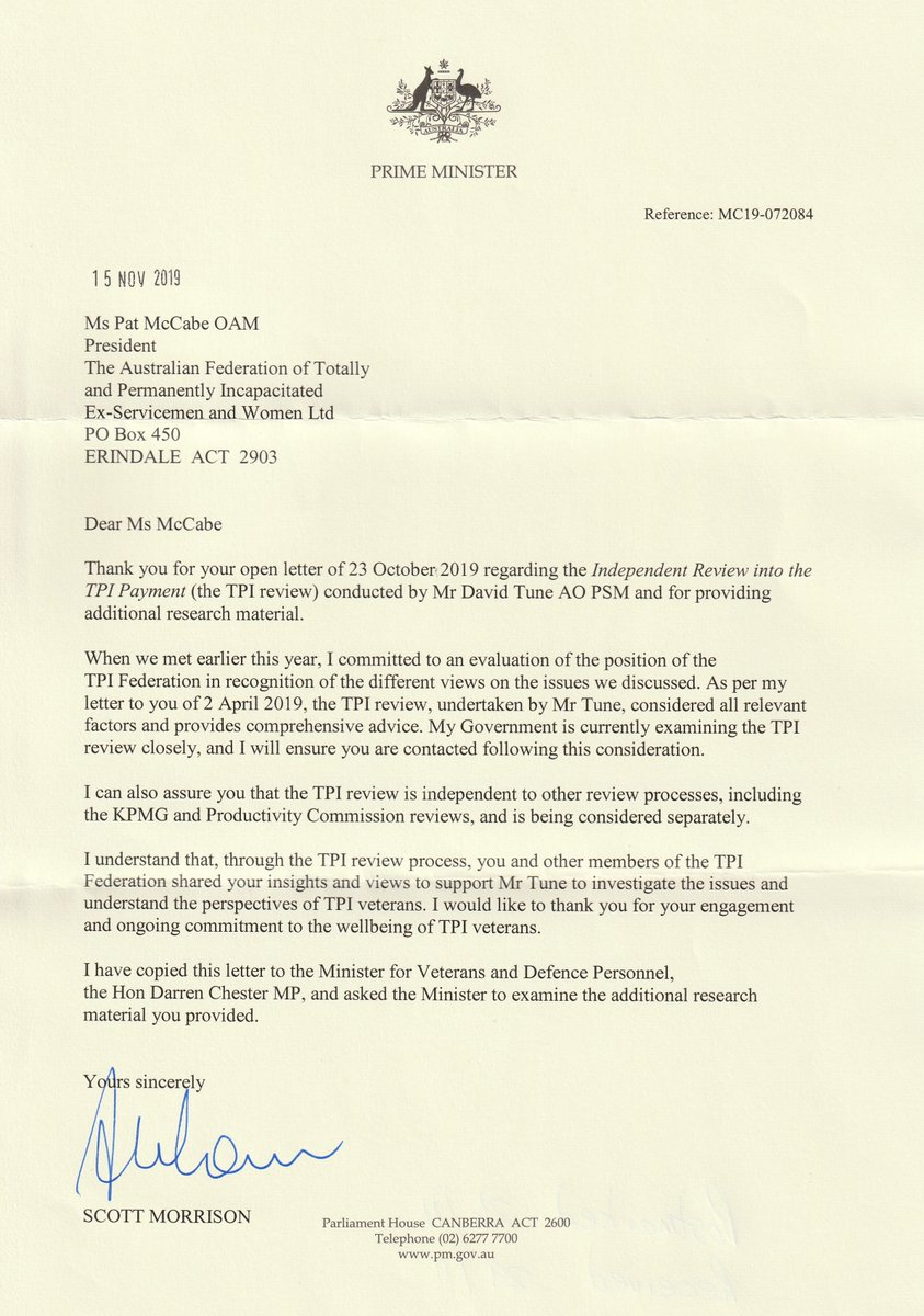 TPIFED's tweet image. The TPI Fed thanks the @ScottMorrisonMP who has responded to the Open Letter @TPIFED placed on FB 23 Oct.  The response cat bit.ly/2L96D1v.  After 7yrs facts havent changed. Now time positive outcome to restore compo for Aust 28,000 most disabled Veterans.  @JacquiLambie