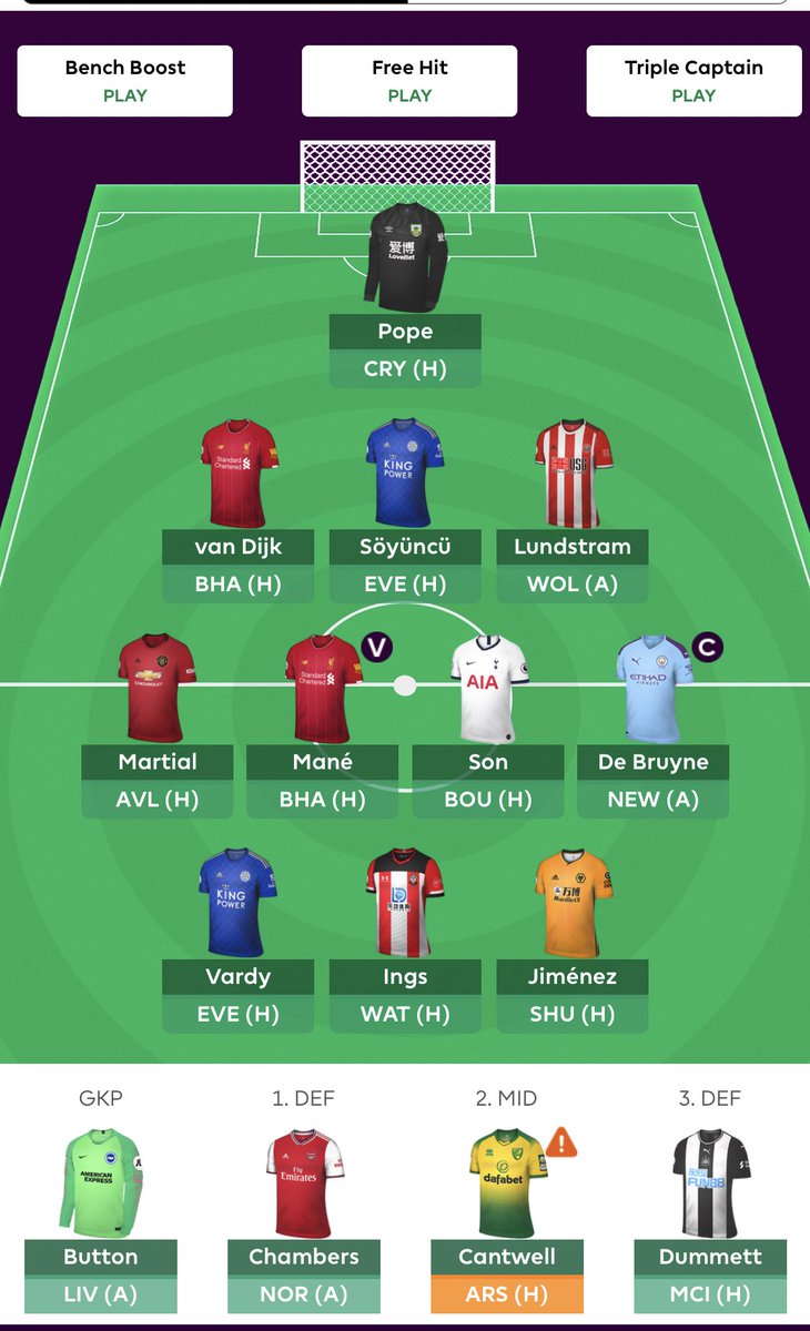 Morning! Been a while since I showed my team before the GW. Tammy replaced by Jiménez and am putting the ©️on KDB (pls don’t bench him Pep!) 
Current ranking: 257,646.

How’s everyone feeling? What do your teams look like? ⚽️⚽️

#fpl #FPLCommunity