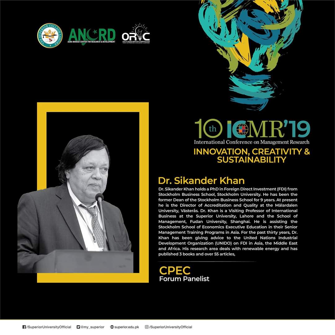 Dr. Sikandar Khan, takes the stage for a panel discussion on #CPEC.
#ICMR2019.