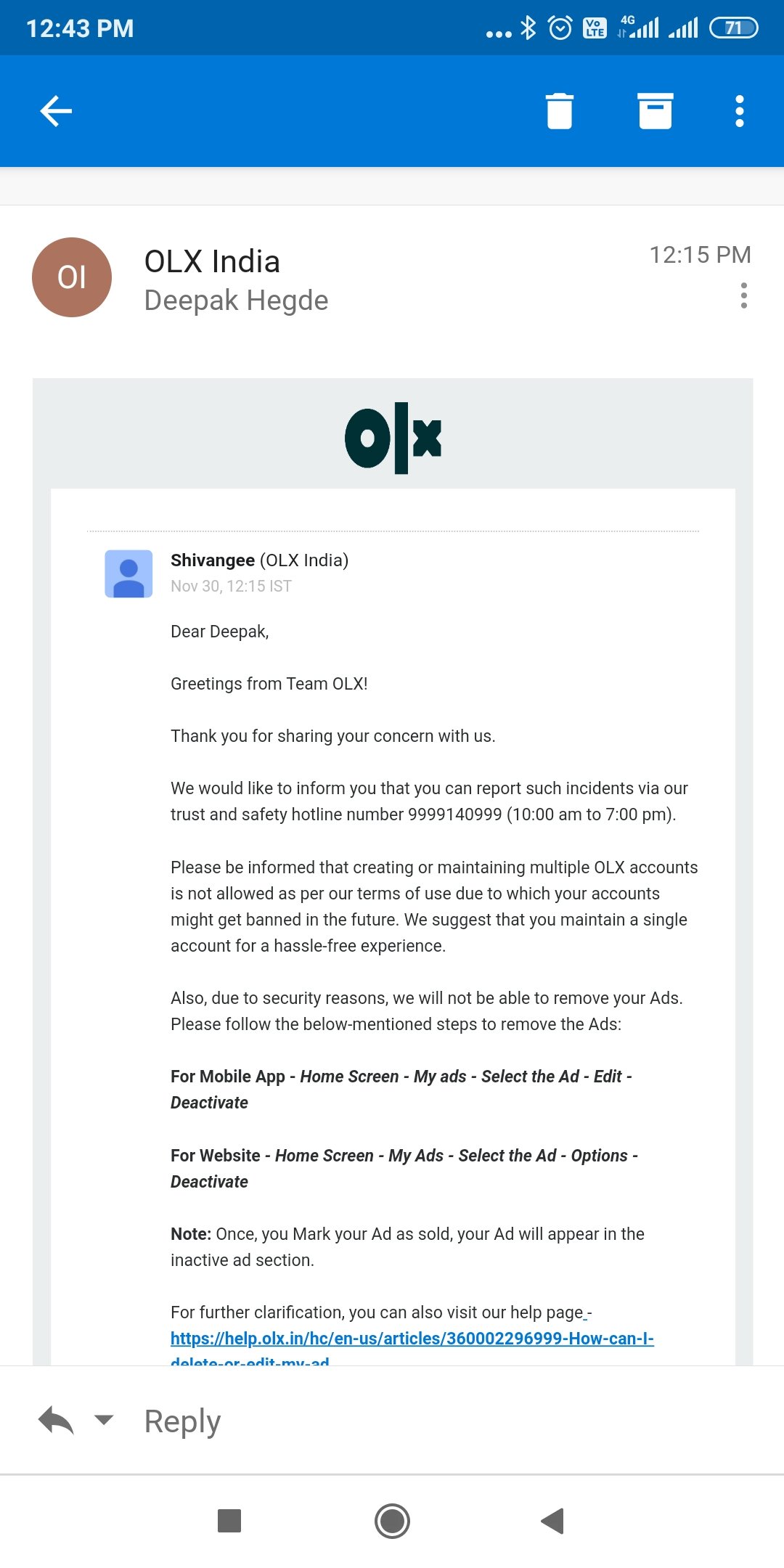Deepak Hegde on X: @OLX_India Instead of addressing crooks..OLX is  threatening to block my account. If i have duplicate accounts please remove  the inactive one but what actions dis you take on