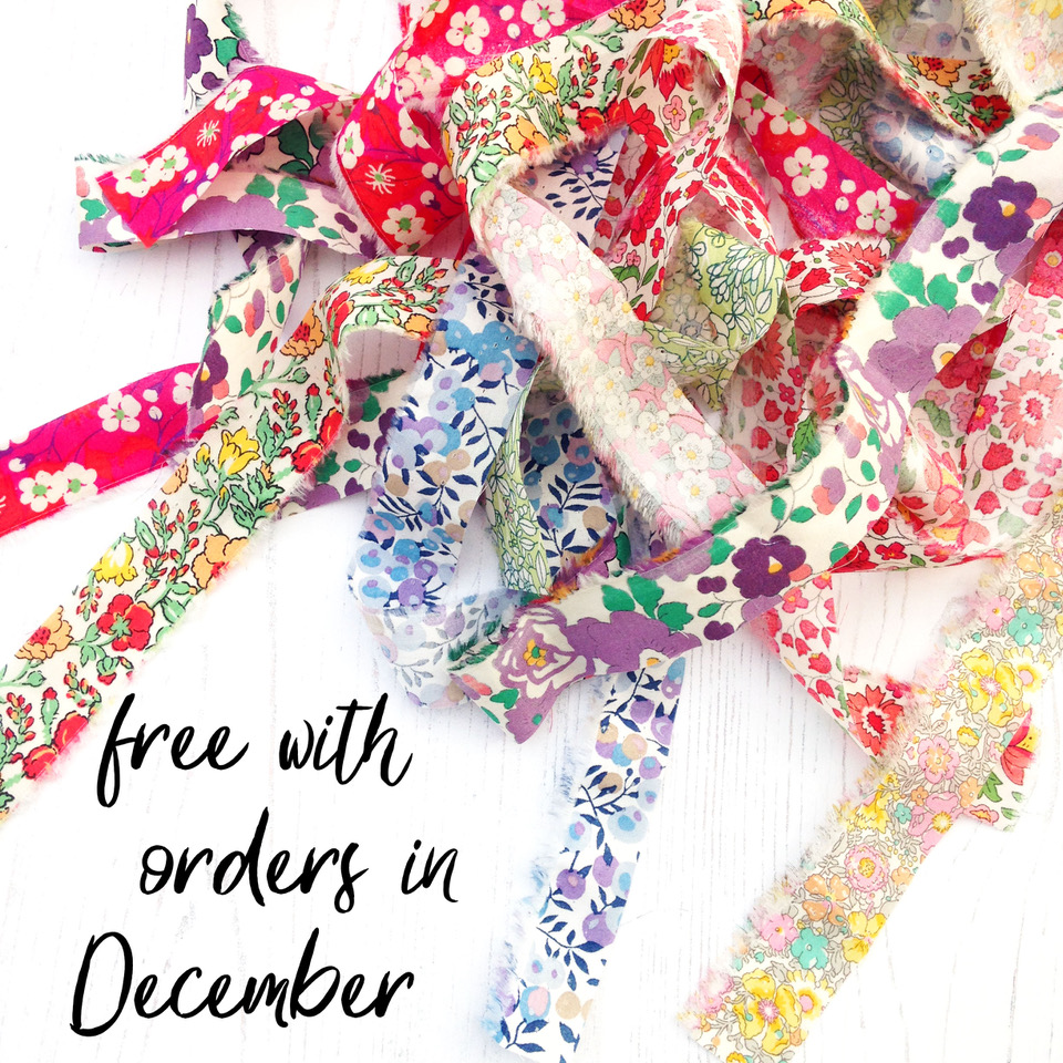FREE with every order in December!  If you place an order in December, you will receive a lovely bundle of randomly selected Liberty ribbons.  The ribbons are great for wrapping presents  or using to attach gift tags #prettypresents #Libertypresents #Libertyfabric