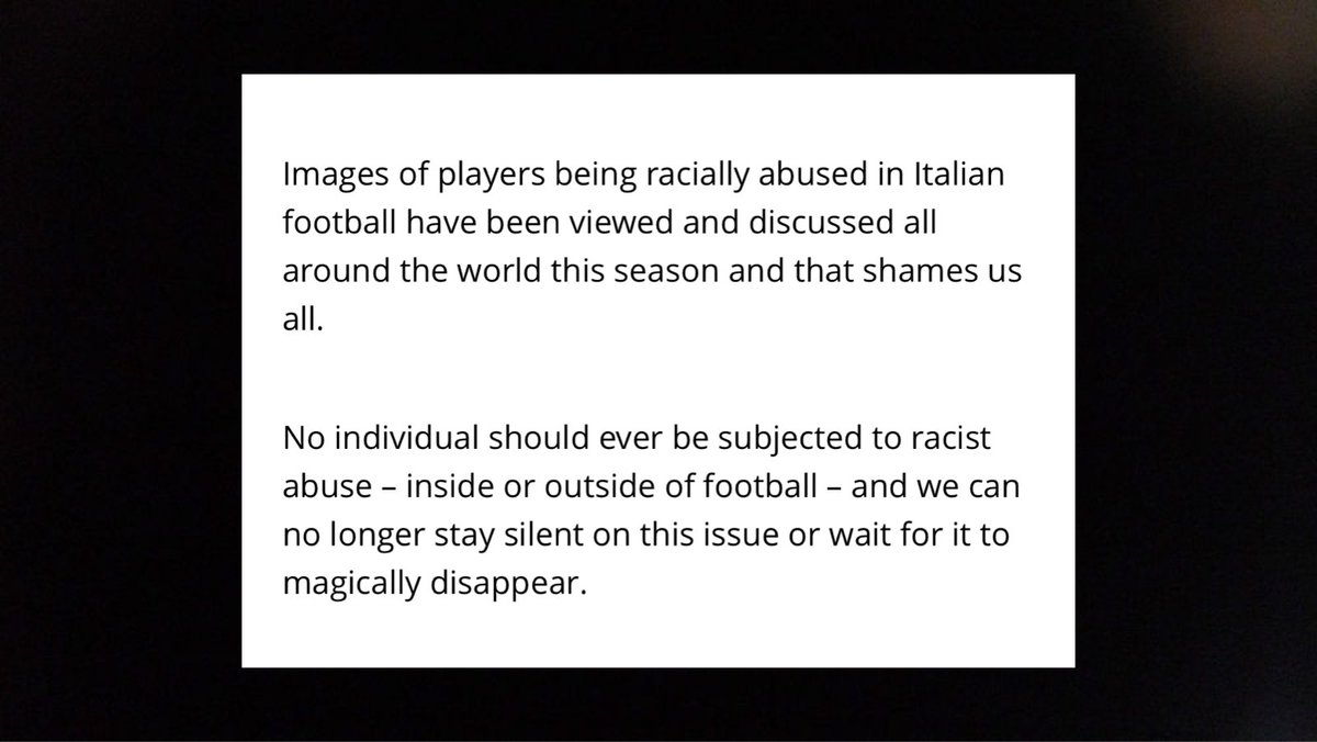 M Balotelli, K Koulibaly, R Viera & J Jesus being racially abused in Italy is everyone’s issue – not just the club’s involved. Racism isn’t going to eradicate itself & staying silent is no longer an option. Not being racist is no longer enough, we need to be actively anti-racist