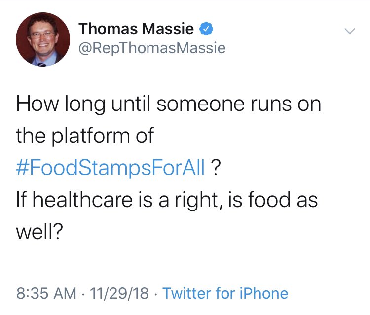 I've been thinking about this tweet from my Congressional Rep  #Massie And I want to unpack it a bit. The way it's phrased as I read it is that he doesn't think society should worry about people starving to death. 1/