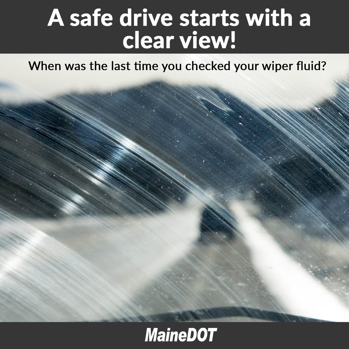 MaineDOT1's tweet photo. Windshield wiper fluid often gets forgotten until it's too late. If you can't see the road clearly, you're not driving safely! https://t.co/KSPTv7PlLo