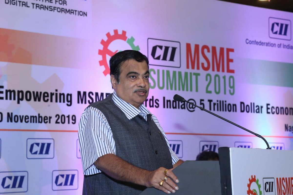 FollowCII's tweet photo. In economic growth of our country, MSME contribution is 29% & 45% of exports is from #MSMEs.However we are aiming at achieving 50% share of GDP, 60% of exports&also create 5Cr new jobs in MSMEs. ~ @nitin_gadkari, Hon’ble Minister @MORTHIndia & @minmsme #CIIMSMESummit #CII4WR https://t.co/S5lujgZc0p