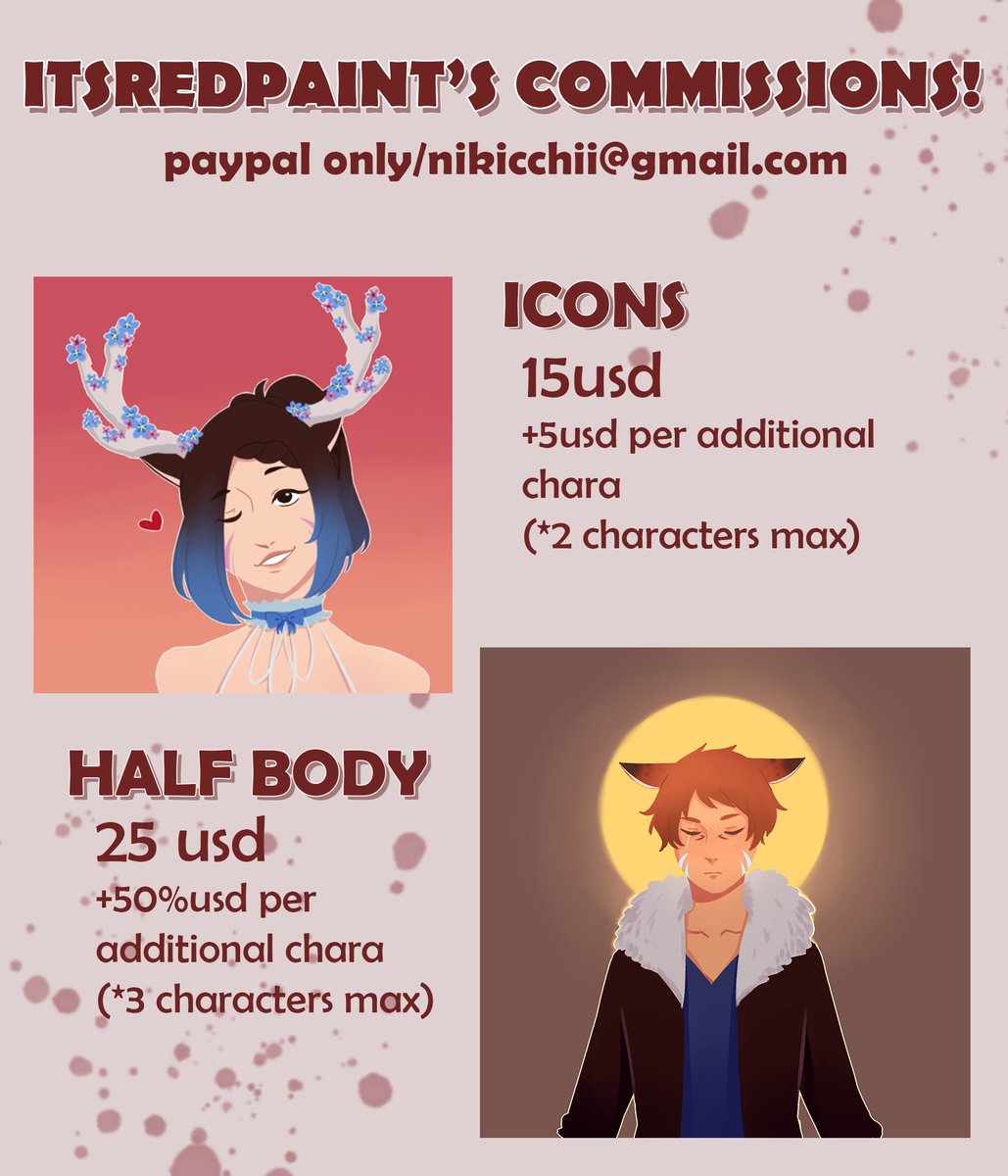 dyeingfish's tweet image. hello!! I finally made a full comm info! (@itsredpaint is my art twitter) if you're interested please DM or email me at nikicchii@gmail.com!! Rts are appreciated!! Thank you!! :DDD