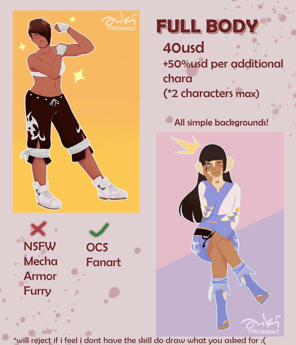 dyeingfish's tweet image. hello!! I finally made a full comm info! (@itsredpaint is my art twitter) if you're interested please DM or email me at nikicchii@gmail.com!! Rts are appreciated!! Thank you!! :DDD