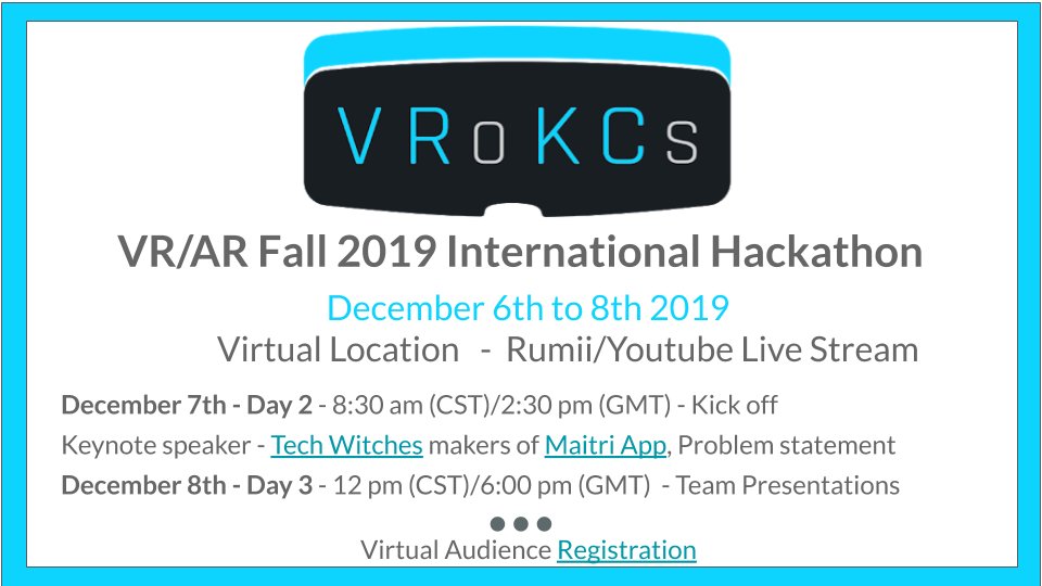 rohitchaube's tweet photo. Join us @VRoKCs #VR #AR hackathon for high school students next weekend, listen to amazing @Techwitches5 & enjoy team presentations, register now to grab your virtual seat in @rumiiVR https://t.co/ZfbAebe2WM #vrrocks #arvrinedu https://t.co/2uvIDFUIb9