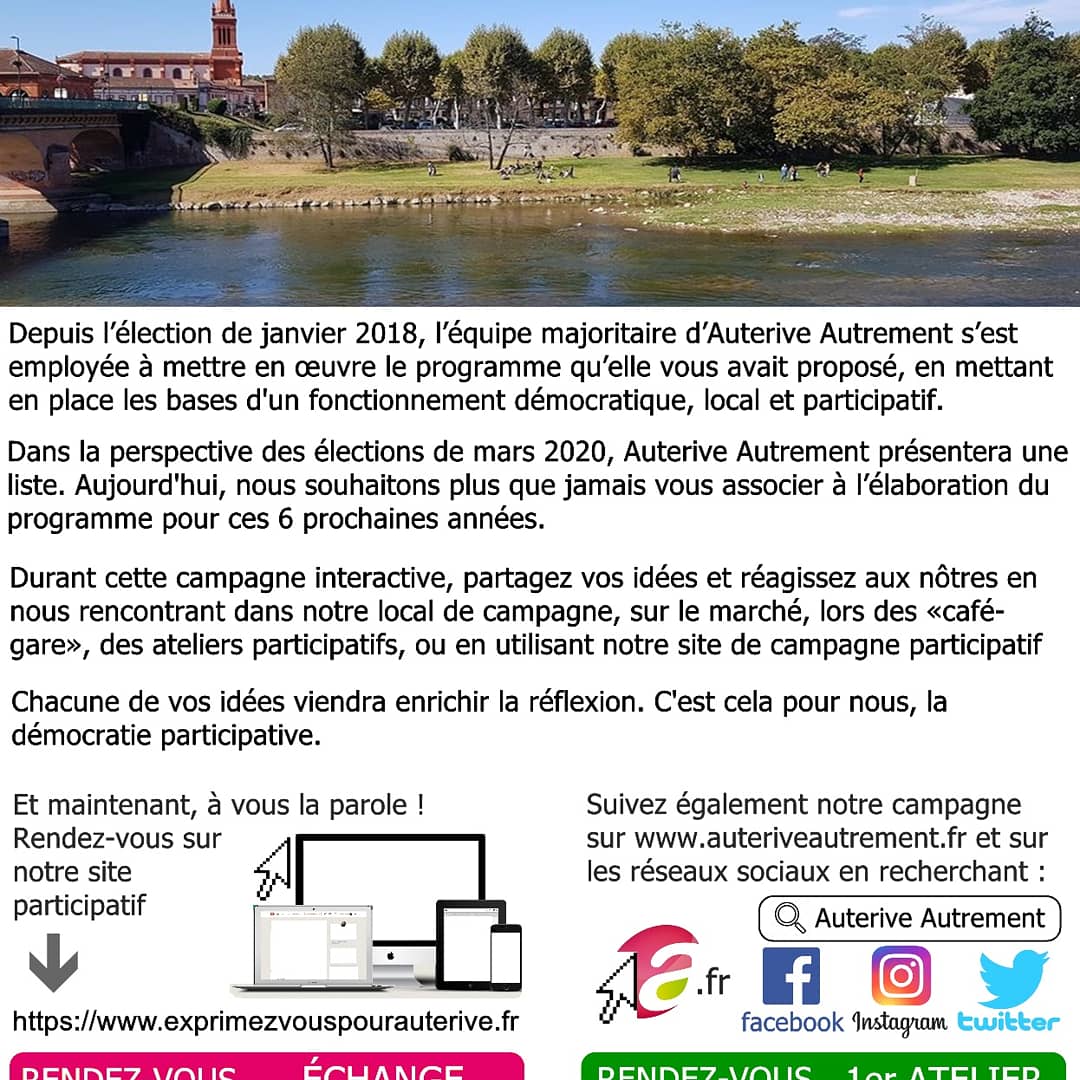 AuteriveAutreme's tweet photo. Élections municipales 2020 : le programme se préparera avec vous !

Auterive Autrement présentera une liste pour les élections municipales du 15 mars prochain, et souhaite pour cette campagne, vous donner la parole pour l’élaboration du programme des 6 prochaines années https://t.co/ZgfQSQjbwh
