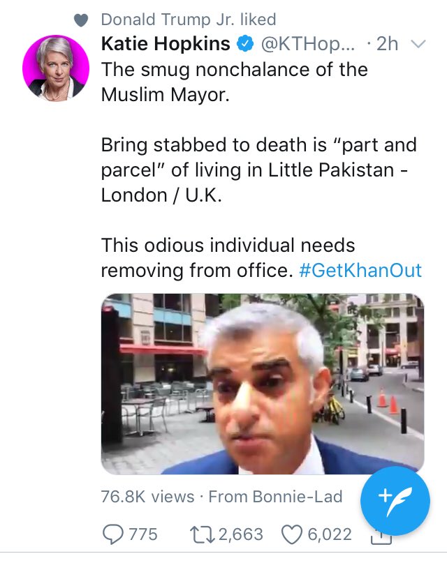 All you need to know really, Katie Hopkins tweeting racist nonsense about our mayor and guess who likes the tweet... Mr Trump... the rise of the idiots is neigh...