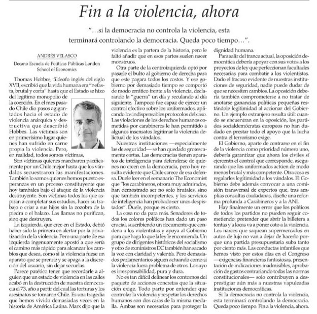 Un estado de violencia en las calles destruye, no purifica. Los invito a leer la columna que escribí en @ElMercurio_cl Fin a la violencia, ahora.