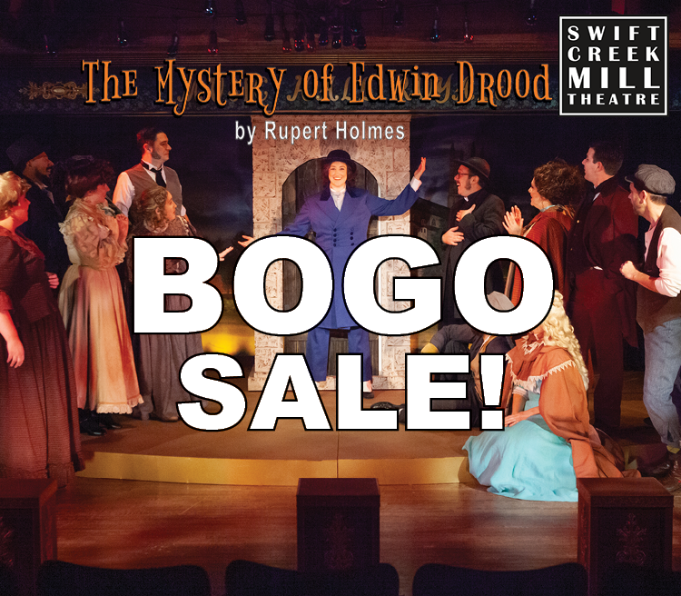 SCMTheatre's tweet photo. Take advantage of our BOGO special! Buy one ticket to our hilarious holiday production, "The Mystery of Edwin Drood," get one for 1/2 off! Use code "BOGODROOD" at checkout. Hurry - ends today! https://t.co/Mi5lz1bCYp #MillDrood #SmallBusinessSaturday #RVAonStage #LiveandLocal https://t.co/0i8vLsmxpB