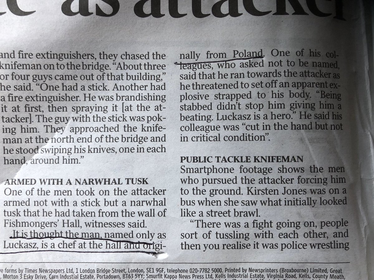 Man who took on the London Bridge terrorist with a narwhal tusk is from Poland, reports The Times. One of the heroes of Borough Market 2017 was Romanian. Remember them next migrants are scapegoated as Britain’s problem