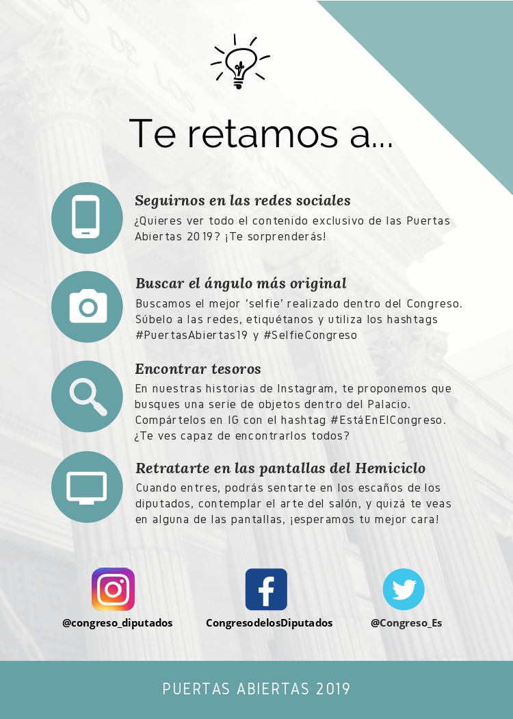 ¿Quieres aparecer en el Instagram del Congreso? Durante tu visita, hazte un selfie y compártelo con nosotros con la etiqueta #SelfieCongreso #PuertasAbiertas19. ¡Al final del día compartiremos vuestras mejores fotos!