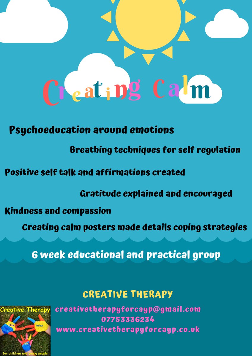 HayleyGravesCT's tweet image. 6 week program we run in schools! Each week is based upon evidence and research. Taught through play and creativity, crafts and laughter! And yes teenagers respond just as well to this, a bit of glitter and they’re very expressive.... as I found out yesterday ☺️ #creatingcalm